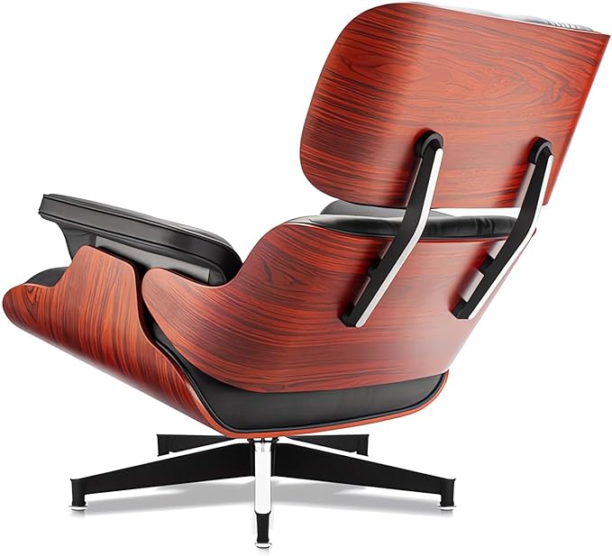 Top Black Grain Leather, Mid Century Chaise Lounge Chair and Ottoman, Modern Chair Classic Design, Heavy Duty Base Support for Living Room Study Lounge Office, Darkrosewood, Heightening