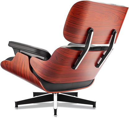 Top Black Grain Leather, Mid Century Chaise Lounge Chair and Ottoman, Modern Chair Classic Design, Heavy Duty Base Support for Living Room Study Lounge Office, Darkrosewood, Heightening