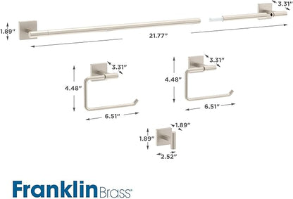 Franklin Brass Nash 4-Piece Bathroom Set Satin Nickel 18" Towel Bar w/ 6" Extender, Toilet Paper Holder, Hand Towel Holder, Hook | Bathroom Accessory Set Towel Holder Hardware NASH64-BN