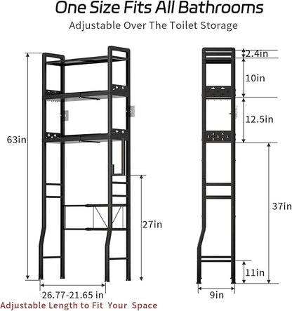 Over The Toilet Storage, 3-Tier Metal Over Toilet Bathroom Organizer Shelf with Adjustable Shelf with Toilet Paper Holder & Hooks Black