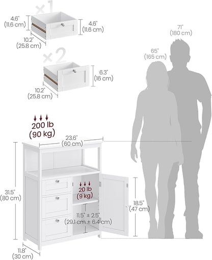 VASAGLE Floor Storage Cabinet, Freestanding Storage Unit with 3 Drawers, Adjustable Shelf, 11.8 x 23.6 x 31.5 Inches, for Living Room, Bathroom, Entryway, White UBBC542P31V1
