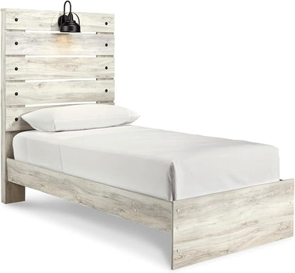 Signature Design by Ashley Cambeck Farmhouse Twin Panel Bed with Sconce Light and USB Ports, Foundation or Box Spring Needed, Whitewash