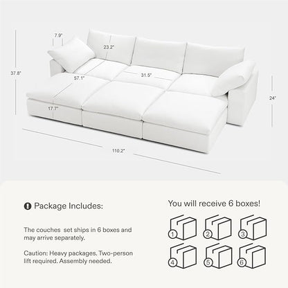 Modular Cloud Sofa, 110.2" Cloud Sectional Couches with Deep Seat, L-Shape 3-Seat Couch with Ottoman for Living Room, Modern Comfy Couch with Washable Cover, Wide Armrest (White,3 Ottomans)