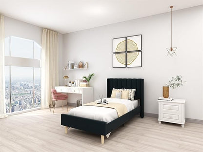 Low Profile Upholstered Platform Bed,Twin Beds with Black(Linen)