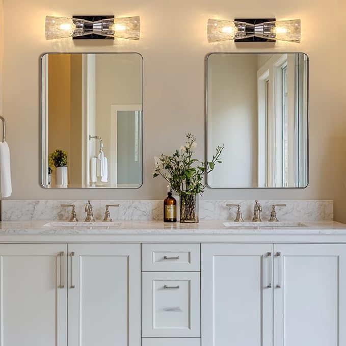 ANDY STAR Brushed Nickel Mirror for Bathroom, 22"x30" Silver Metal Frame Wall Mirror, Rectangular Stainless Steel Rounded Corner