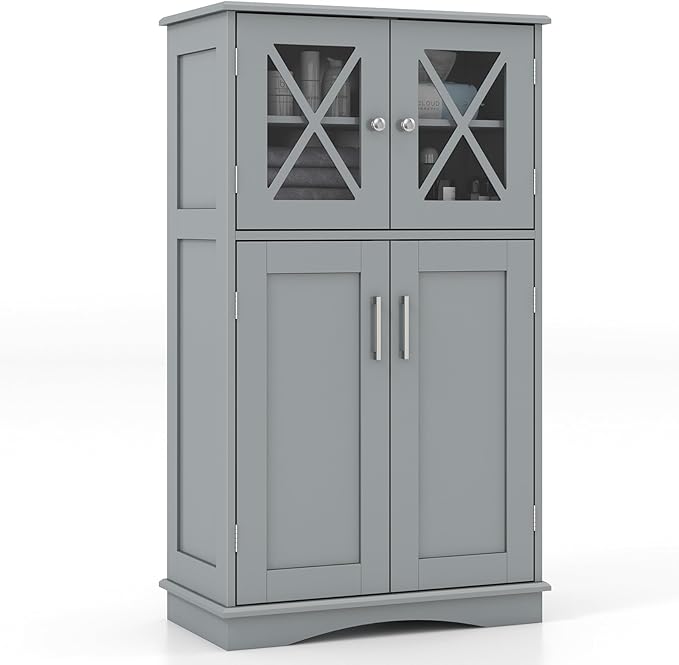 Giantex Bathroom Floor Storage Cabinet - Linen Floor Cabinet with Doors and Adjustable Shelves, Freestanding Side Storage Organizer for Bathroom, Living Room, Entryway, Kitchen Storage Unit (Grey)