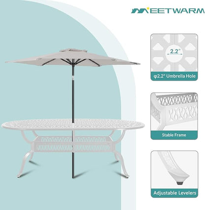 MEETWARM 9-Piece Outdoor Patio Dining Set, All-Weather Cast Aluminum Patio Conversation Set with 8 Cushioned Swivel Rocker Chairs for Backyard Garden Deck, 1 Oval Table, 2" Umbrella Hole, White