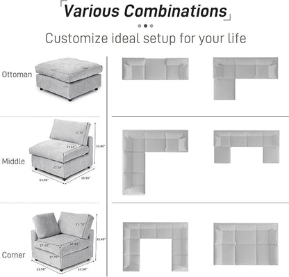 Cloud Couch Modular Sectional Sofa,134" L Shaped Couch, Oversized Convertible Wide Seater,4 Seater with Ottoman for Living Room Set, Covers Washable&Replaceable,Gray