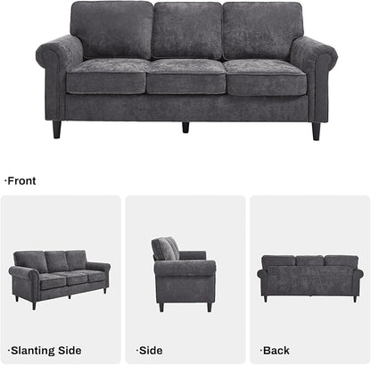 Kingfun 3 Seater Couch, Mid Century Modern Sofa Set with Rolled Arms and Deep Seats, Fluffy Comfort for Living Room, Apartment, Easy Assembly, Gray
