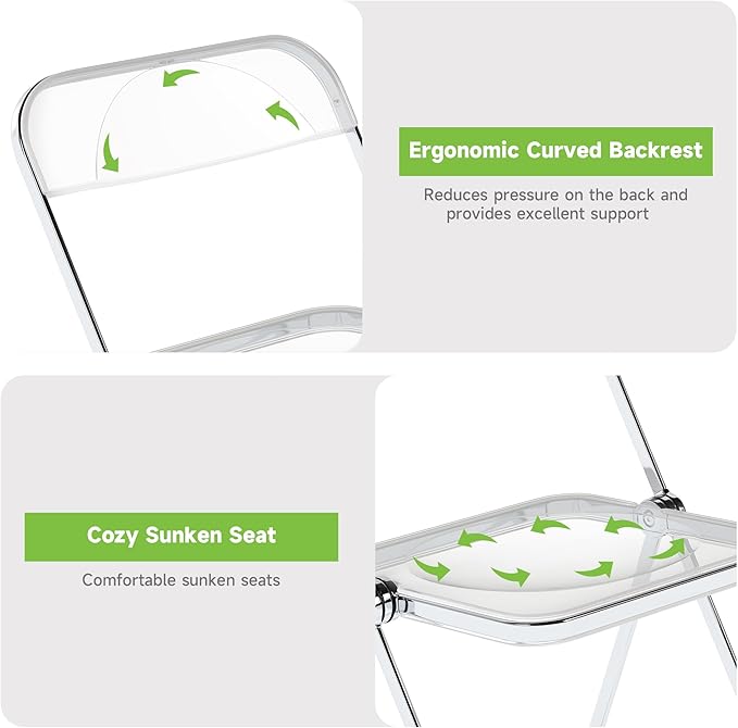 Real Relax Acrylic Folding Chairs,Foldable & Stackable Clear Chairs with Metal Chrome Frame, Indoor and Outdoor, for Home, Office, Party & Events,Set of 4,350LB,Transparent
