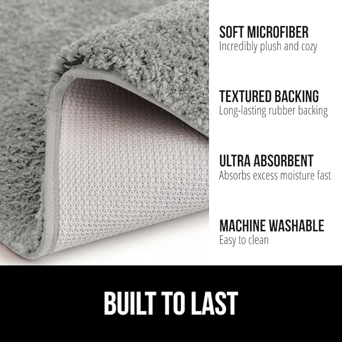 GORILLA GRIP Bathroom Rugs, 60x24, Ultra Soft Absorbent Mat, Thick Plush Bath Rug, Machine Washable, Microfiber Quick Dry, Mats for Shower, Bathtub and Floor, Home Decor Accessories, Light Gray
