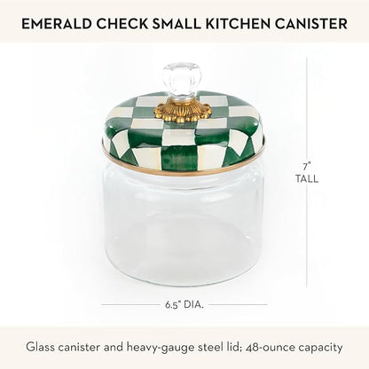 MACKENZIE-CHILDS Small Kitchen Canister, Decorative Glass Storage Jar with Lid, Green-and-White Emerald Check