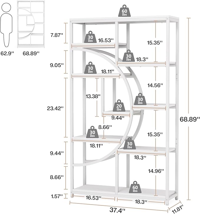 Tribesigns Bookshelf Industrial 5 Tier Etagere Bookcase, Freestanding Tall Bookshelves Display Shelf Storage Organizer with 9-Open Storage Shelf for Living Room, Bedroom (White, 2 Pack)