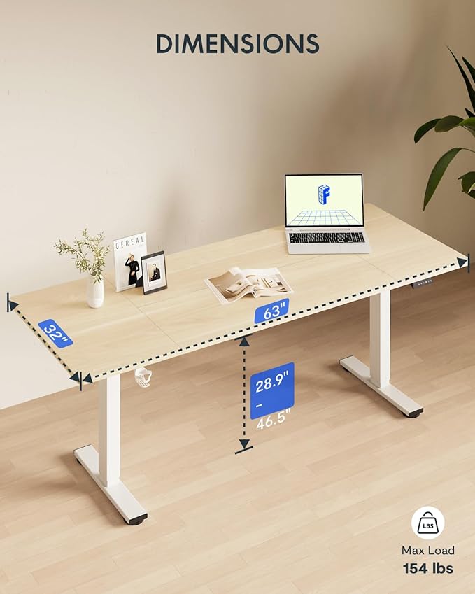 FLEXISPOT 63x32 Inch Electric Large Standing Desk for Home & Office, Spacious Splice Board Desk with Cable Management & Organizer, Cup Holder & Hook, White Wood Grain