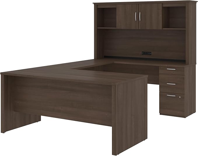 Bestar Logan 66W U or L-Shaped Executive Office Desk with Pedestal and Hutch in Antigua