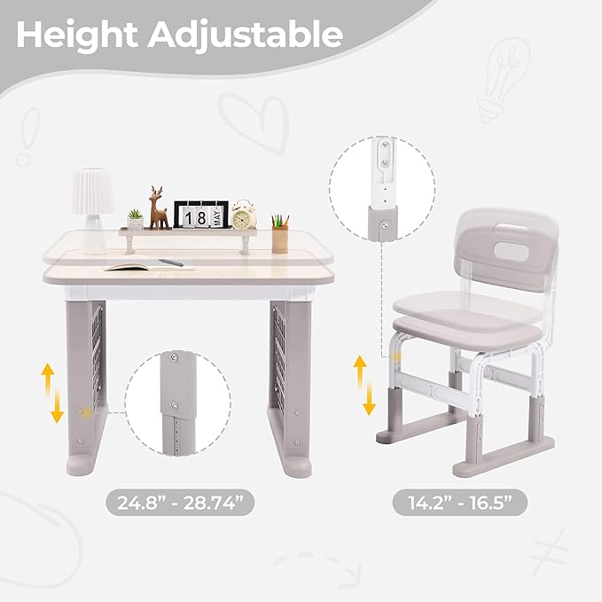Kids Desk and Chair Set, Multi-Activity Children Study Table and Chair Set with Bookshelf for Home/Classrom, Height Adjustable, Graffiti Desktop, Removable Storage Rack for Toddler Ages 3-12