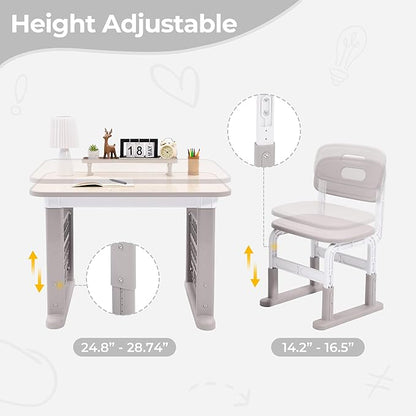 Kids Desk and Chair Set, Multi-Activity Children Study Table and Chair Set with Bookshelf for Home/Classrom, Height Adjustable, Graffiti Desktop, Removable Storage Rack for Toddler Ages 3-12
