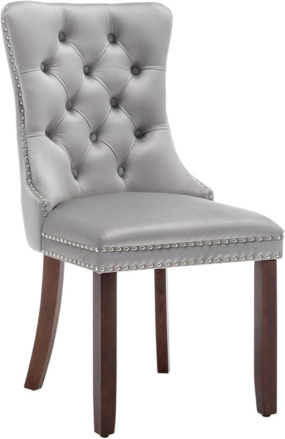 Velvet Dining Chairs Set of 4, Upholstered Dining Room Chairs with Nailhead Ring Pull, Button Tufted Wing Back Chairs for Dining with Solid Wood Legs for Kitchen Dining Room(Light Grey)