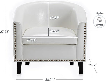 BELLEZE Accent Barrel Chair, Modern Tub Club Chair Upholstered Armchair for Living Room, Faux Leather Chair with Gold Nail Head Trim Black Legs - Kyara (White)