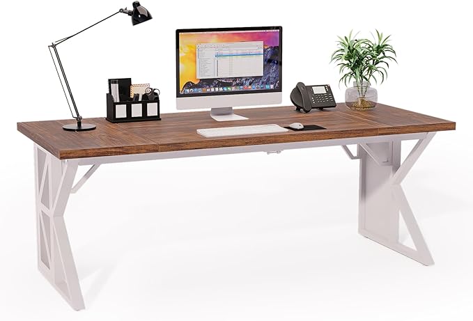 70.8" Large Home Office Compute Desk,Modern Heavy-Duty Excutive Office Desk,Workstation Write Table for Home Rustic Brown Table-top/White Metal Frame with Mirrors