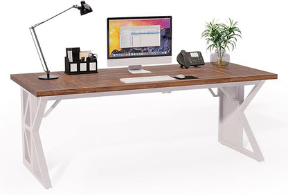 70.8" Large Home Office Compute Desk,Modern Heavy-Duty Excutive Office Desk,Workstation Write Table for Home Rustic Brown Table-top/White Metal Frame with Mirrors