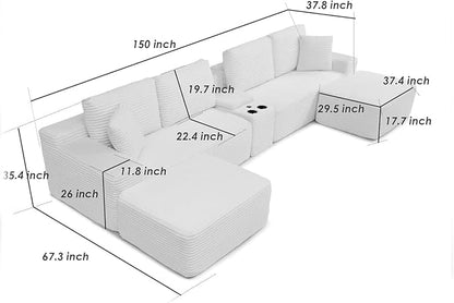 150" Oversized Modular Sectional Sofa,Deep Seat Cloud Corduroy Boneless Couch with Cup Holders,USB Ports, Wireless Charging & Storage Box,Upholstered Modular Sleeper Sofa for Living Room (Green)