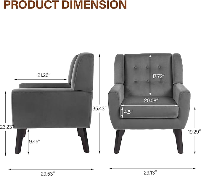 Lumibee Accent Chairs Set of 2, Velevet Fabric Armchairs for Living Room, Comfy Upholstered Arm Chairs Tufted for Indoor Bedroom Office Room (Gray Velvet)