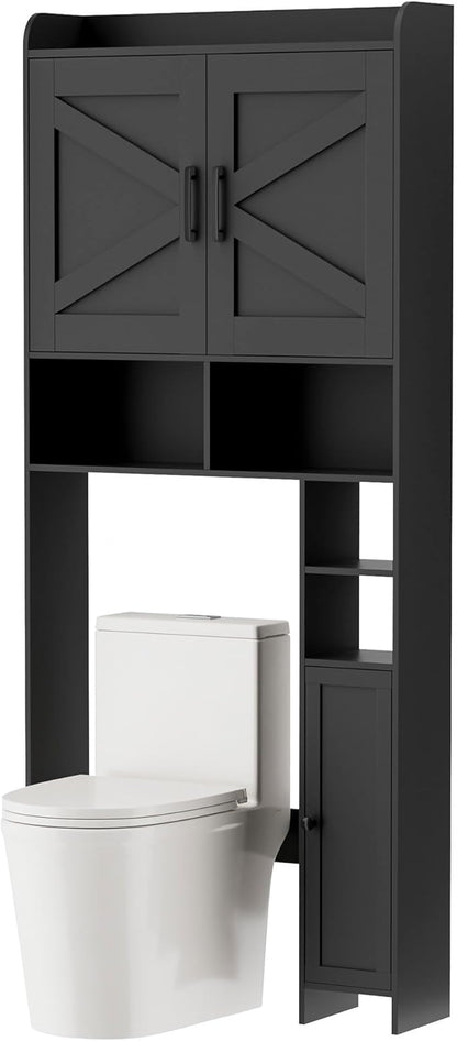 Homhedy Over The Toilet Storage Cabinet with 2 Barn Door and Toilet Paper Holder Stand, FreeStanding Toilet Shelf Space Saver, for Bathroom, Restroom, Laundry, Black