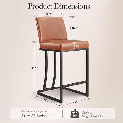 Sophia & William Bar Stools Set of 3,Counter Height 24" Bar Stools with Back,Modern Faux Leather Bar Chairs for Kitchen Island,Brown