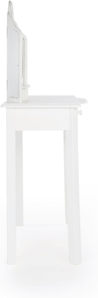 Guidecraft Classic White Vanity and Stool Set for Kids Age 3-8, Pretend Play Vanity with Mirrors for Girls, Wooden Makeup Table with Storage Drawer
