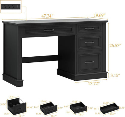 Farmhouse 47" Executive Desk, Computer Desk with Drawers and File Drawer, Workstation Computer Desk with Charging Station for Home Office, Study,Pure Black.