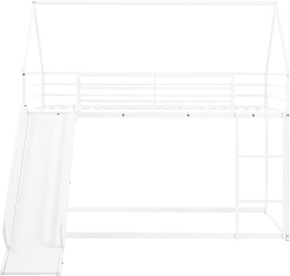 Twin Over Twin Metal Floor Bunk Bed with Slide,Metal Junior House Twin Size House Bunk Bed Frame with Ladder & Roof for Boy Girl, No Box Spring Needed,Low Bunk Bed Frame with Convertible Slide