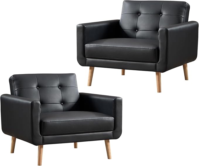CANMOV 29" W Oversized Leather Accent Chair Set of 2, Armchair Button Back, Mid Century Modern Accent Chairs for Living Room, Modern Upholstered Bed Room Chair Cozy Armchair with Wood Legs, Black