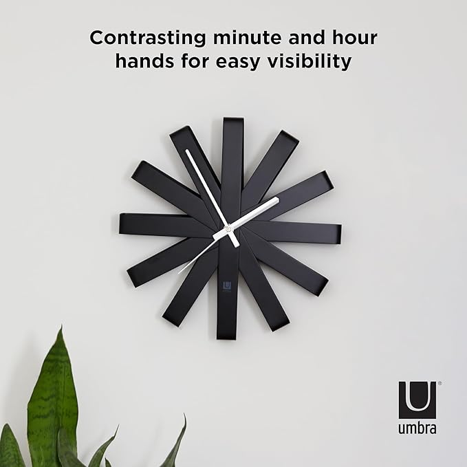 Umbra Ribbon Modern 12-inch Wall Clock, Battery Operated Quartz Movement, Silent Non Ticking Wall Clocks, Black