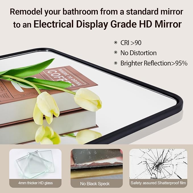 ANDY STAR Black Bathroom Mirror, 36x40 Inch Rounded Rectangle Mirror for Bathroom, Modern Tube Metal Framed Rectangular Mirror for Vanity, Wall-Mounted Vertically or Horizontally