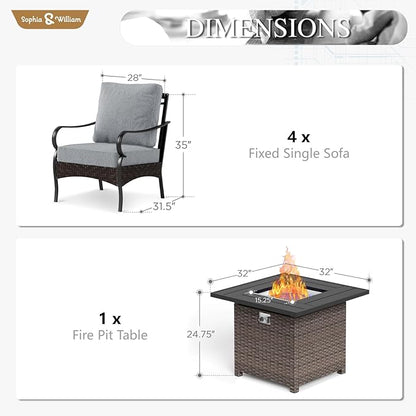 Sophia & William Patio Furniture Set with Fire Pit Table, 5 PCS Metal Outdoor Conversation Set Sofa Couch with Fire Pit Table, 4 Sofa Chairs for Outdoor Seating,Backyard,Porch(Grey)