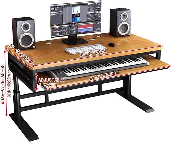 Studio Desk with Keyboard Tray | Hand-Crank Adjustable Standing Desk Workstation for Music Production, Cable Management, MIDI Keyboard Shelf (White, 70in)