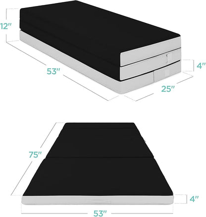 Best Choice Products 4in Portable Full-Size Mattress, Tri-Fold Mattress for Camping, Guest, Toddler, Foam Plush w/Carry Case - Onyx Black