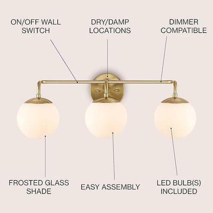 JONATHAN Y JYL3536A Louis Parisian Globe 25" 3-Light Metal/Frosted Glass Modern Contemporary LED Vanity Midcentury Glam 2700K LED 4W Bulbs Entryway Lobby Kitchen Bathroom Bedroom Hallway, Brass Gold