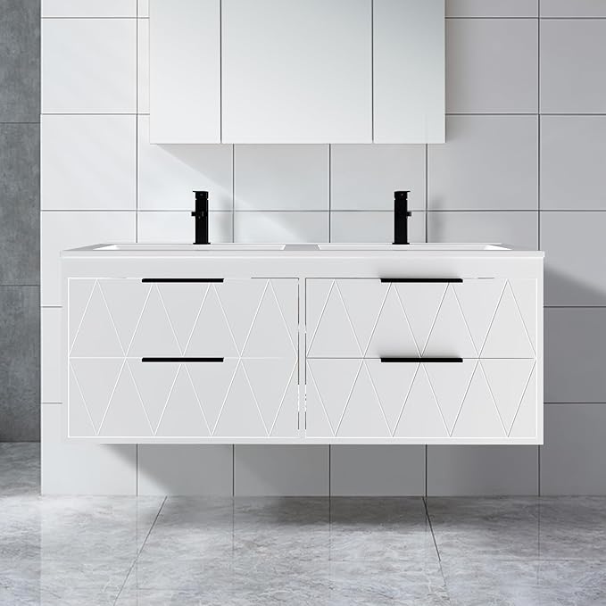 eclife 48" Bathroom Vanities Cabinet with Sink Combo, Wall Mounted Floating Cabinet W/Decor Line, Soft-Close System, 4 Extra Big Drawers, Matte Black Faucet, White