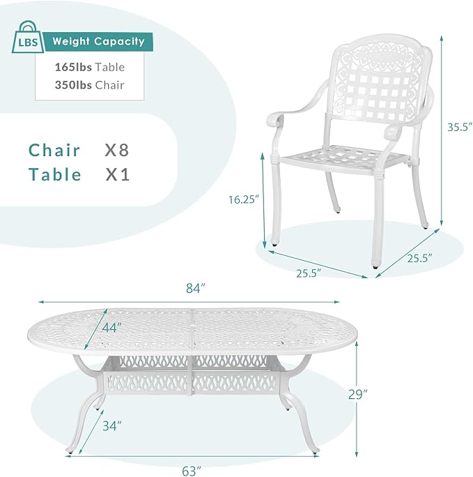 MEETWARM 9-Piece Outdoor Furniture Dining Set, All Weather Cast Aluminum Patio Garden Set with 8 Chairs,1 Oval Table, 2" Umbrella Hole, White