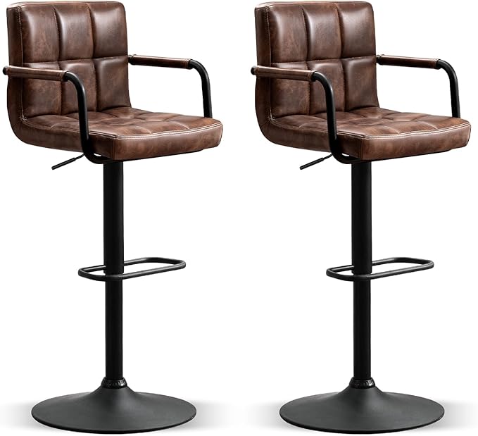 Furniliving Bar Stools Set of 2 with Back, Modern Square PU Leather Kitchen Stools with Armrest, Adjustable Counter Height Barstools for Kitchen Bar Pub Cafe (Darkbrown)