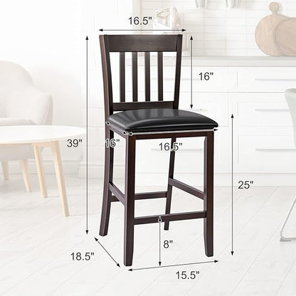 COSTWAY Counter Height Bar Stools Set of 4, 25'' Wooden Pub Chairs with PU Leather Seat, Mid Century Modern Upholstered Island Chairs for Kitchen, Living Room, Dining Room, Bar