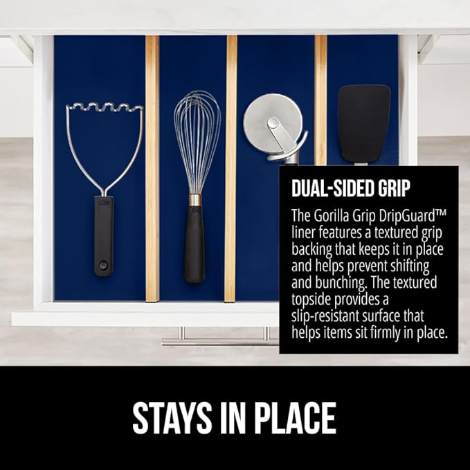 GORILLA GRIP DripGuard Shelf Liner, Non Adhesive Drawer and Kitchen Cabinet Protector, 20x240 Inch, Slip Resistant BPA Free Smooth Surface Plastic Liners for Cabinets, Bathrooms, Closets, Navy Blue
