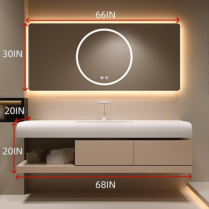 68IN Bathroom Vanity with Sink - Bathroom Cabinet Set has 2 Drawers & Overflow Hole Wall Mounted | LED Practical Defogging Mirror, Open Compartments, Seamless Rock Slab Basin (Khaki)