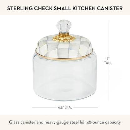 MACKENZIE-CHILDS Sterling Check Kitchen Canister, Decorative Gray-and-White Glass Storage Jar with Lid, Small