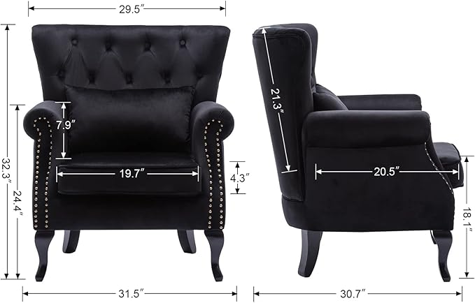 chairus Mid-Century Modern Accent Chairs Set of 2, Comfy Tufted Single Sofa Chair Wingback Armchair with Pillow for Club, Living Room, Bedroom - Velvet, Black