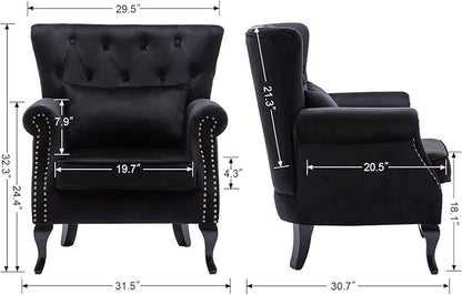 chairus Mid-Century Modern Accent Chairs Set of 2, Comfy Tufted Single Sofa Chair Wingback Armchair with Pillow for Club, Living Room, Bedroom - Velvet, Black