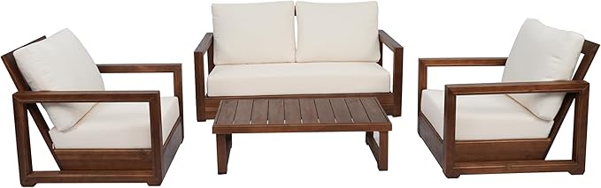 Christopher Knight Home Olaf 4 Pieces Outdoor Conversation Set, Acacia Wood Chat Set, Rectangular Coffee Table and Patio Loveseat with 2 Club Chairs, Patio Furniture Set with Cushion, Beige+Mocha