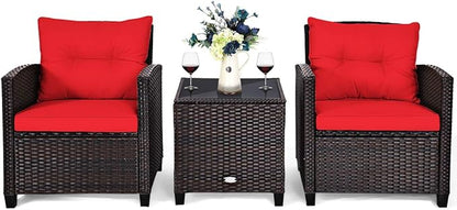Tangkula 3 Pieces Patio Furniture Set, PE Rattan Wicker 3 Pcs Outdoor Sofa Set w/Washable Cushion and Tempered Glass Tabletop, Conversation Furniture for Garden Poolside Balcony (Red)